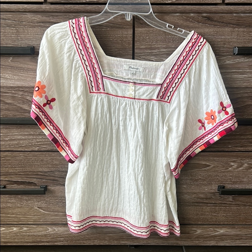 Madewell White Blouse with Pink and Orange Embroidery